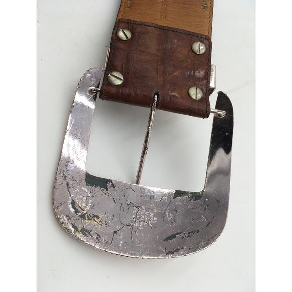 Al Beres Oversized Brown Leather Sterling Plate Western Belt Embossed Flowers - Picture 8 of 10